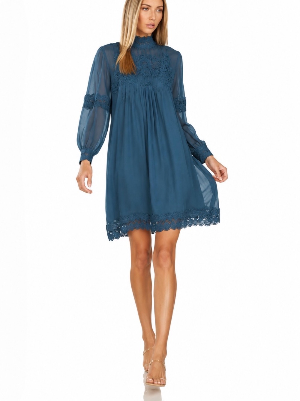 Trish Scully Smocked Teal Long-Sleeve Lace-Trim Dress